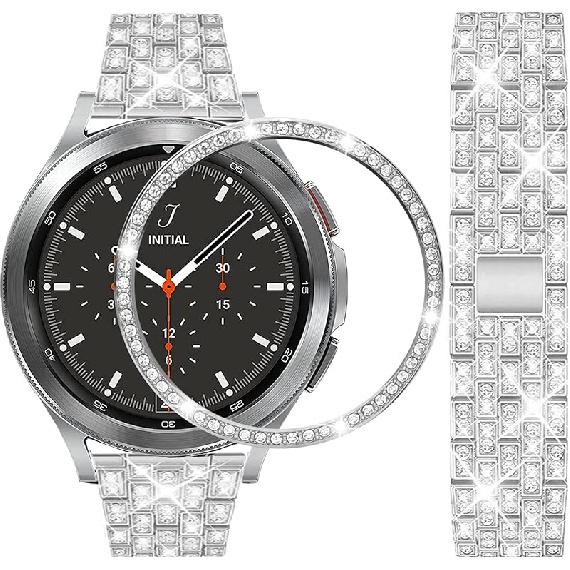 

Ремешки, совместимые с Samsung Gear Sport/Galaxy Watch 42mm / Galaxy 4 Classic (42мм), Роскошный ремешок из нержавеющей стали с бриллиантами и стразами и кольцом-безелем серебряный