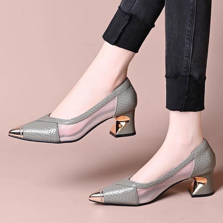 2025 Spring and Summer New Shallow Single Shoes Women's Shoes One Pedal Middle Heel Horseshoe Heel (5cm) Pointed Women's Single Shoes