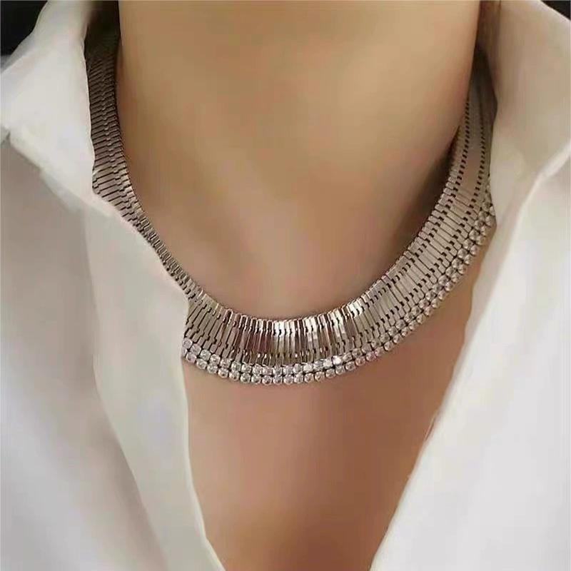 Exaggerated Personalized Wide Version Watch Strap Chain Diamond Necklace Light Luxury Elegant Neckchain Trendy Women Jewelry