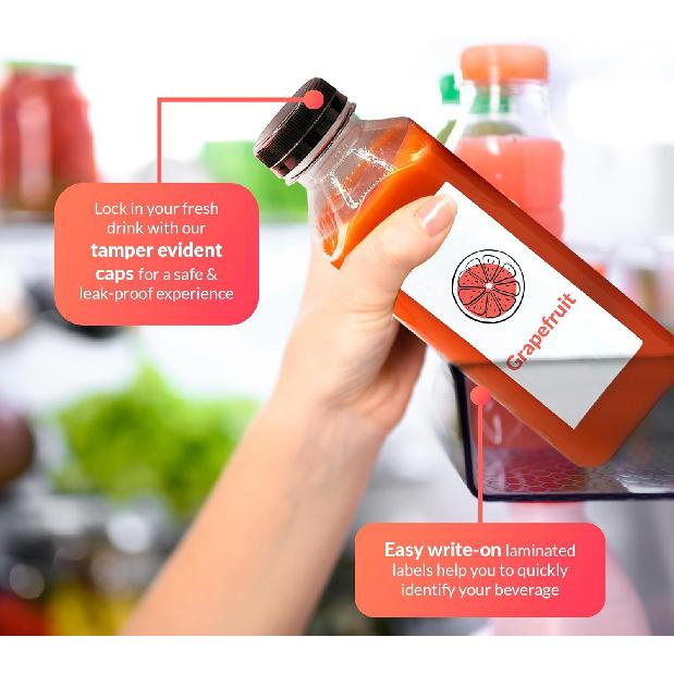 Reli. Plastic Juice Bottles [12 Pack] [16 oz] Square 16 oz Plastic Bottles with Caps & Sticker Labels | Clear, Empty for Drinks 16oz | Disposable,