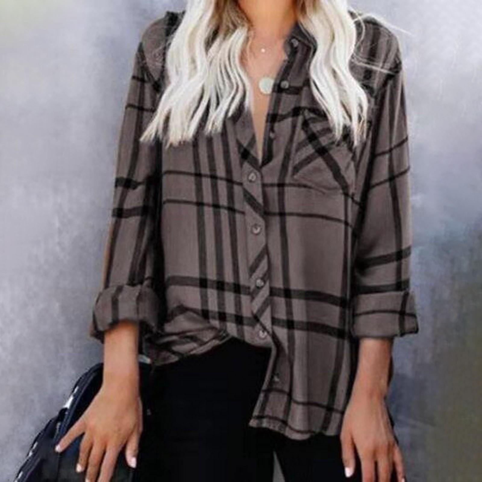 

Women s Casual Loose Lapel Long Sleeve Plaid Printed Shirt Blouse Shirts Tops XL