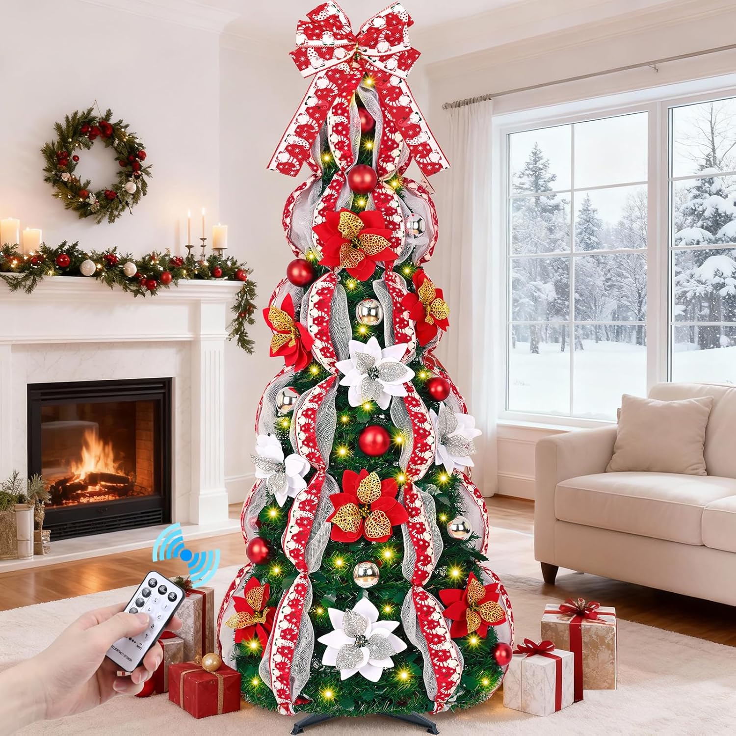 6FT Pre-Lit Pop Up Christmas Tree with 200 Lights & Remote, Foldable Artificial Tree with Poinsettia Bow for Indoor Outdoor Use 6ft