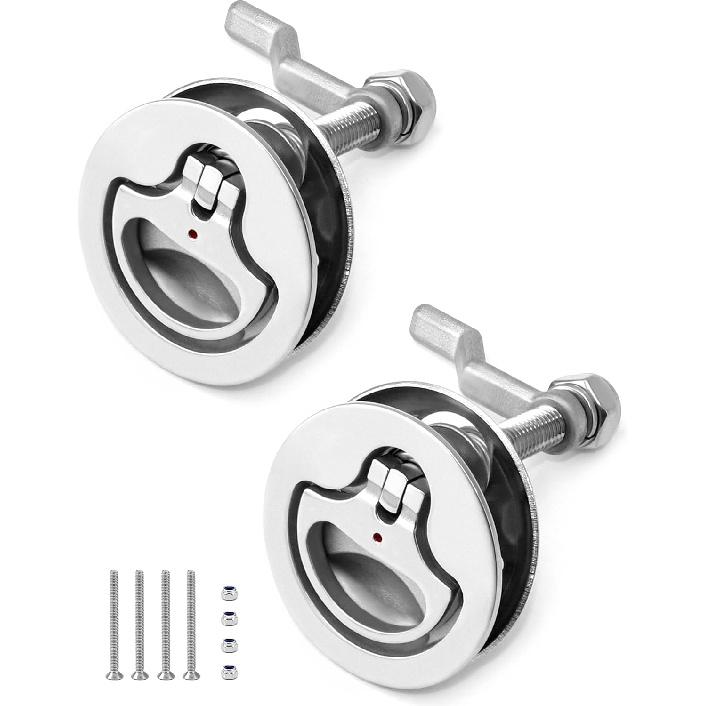 QWORK Boat Cam Latch, 2 Pack Marine 316 Stainless Steel Marine Boat Floor Buckle Hatch Latch, Flush Turning Lift Handle Lock, Marine Slam Latch,