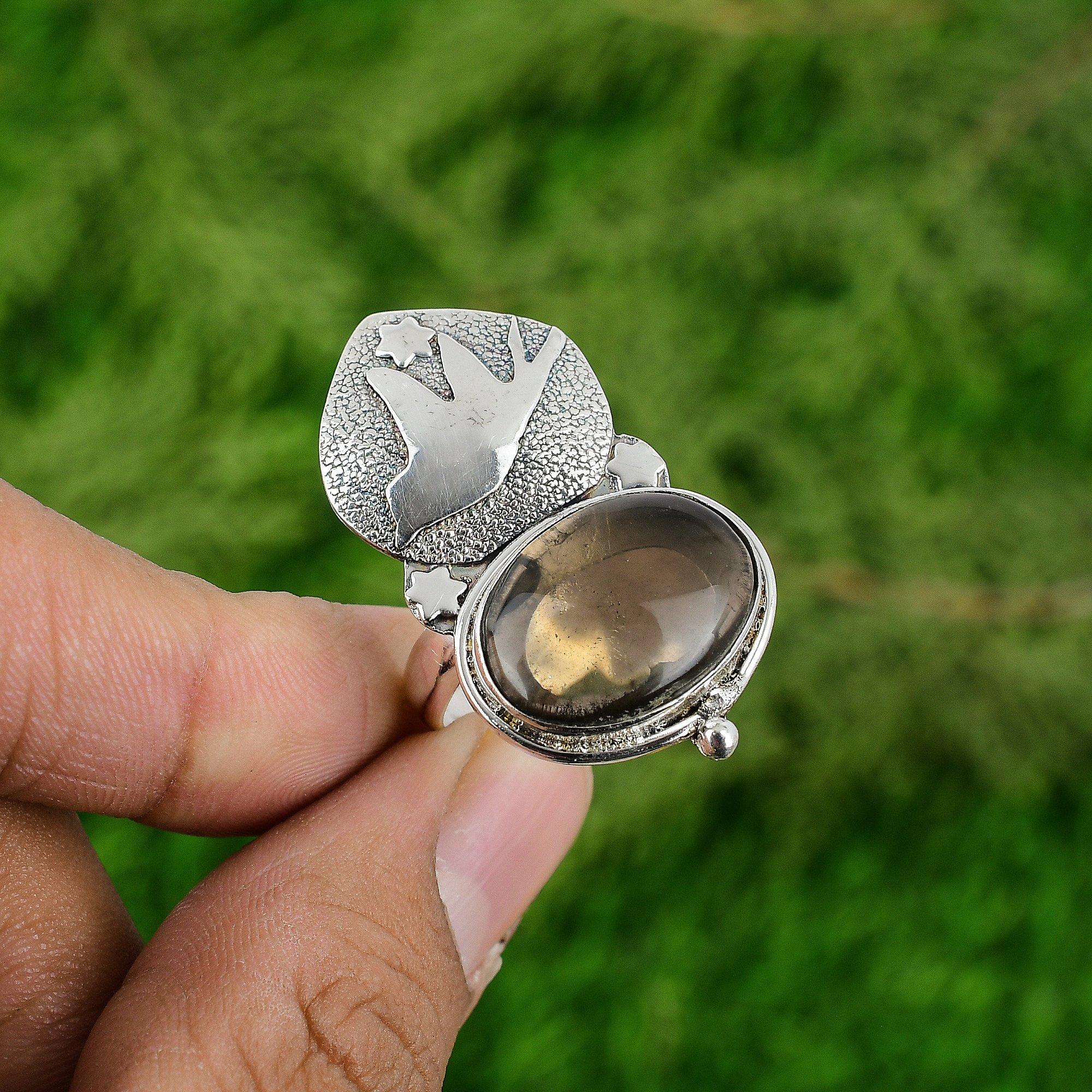 

Natural Smoky Quartz 925 Silver Stackable Bird Adjustable Ring For Women Adjustable