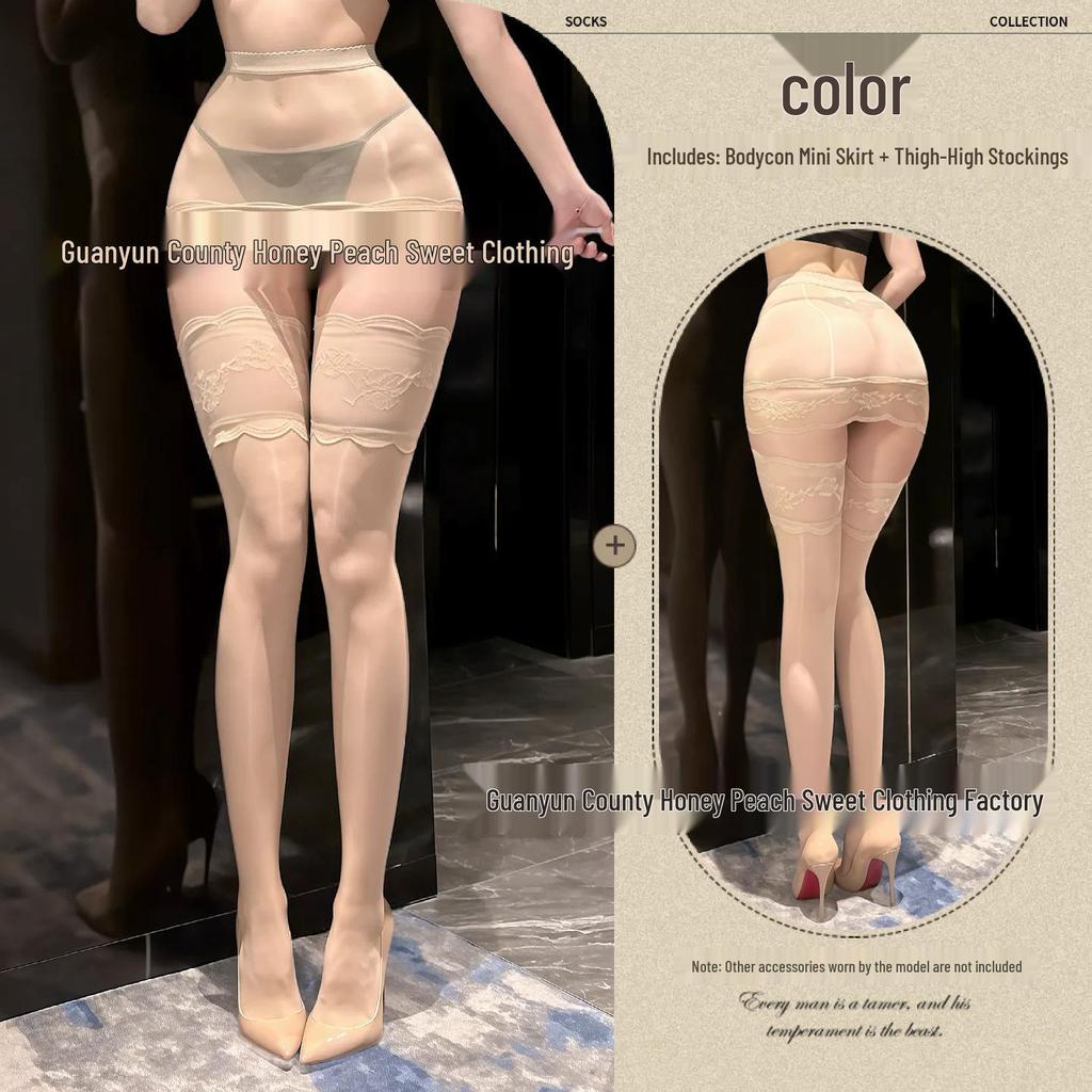 Seductive Sheer Hip-Hugging Miniskirt with Lace Trim and Over-the-Knee Black Stockings