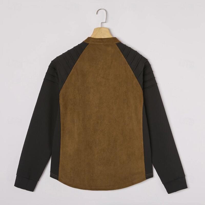 Mens Cowboy Style T-Shirt Vintage Western Design Suede Color Block Lace Up Stand Collar Long Sleeve Tees