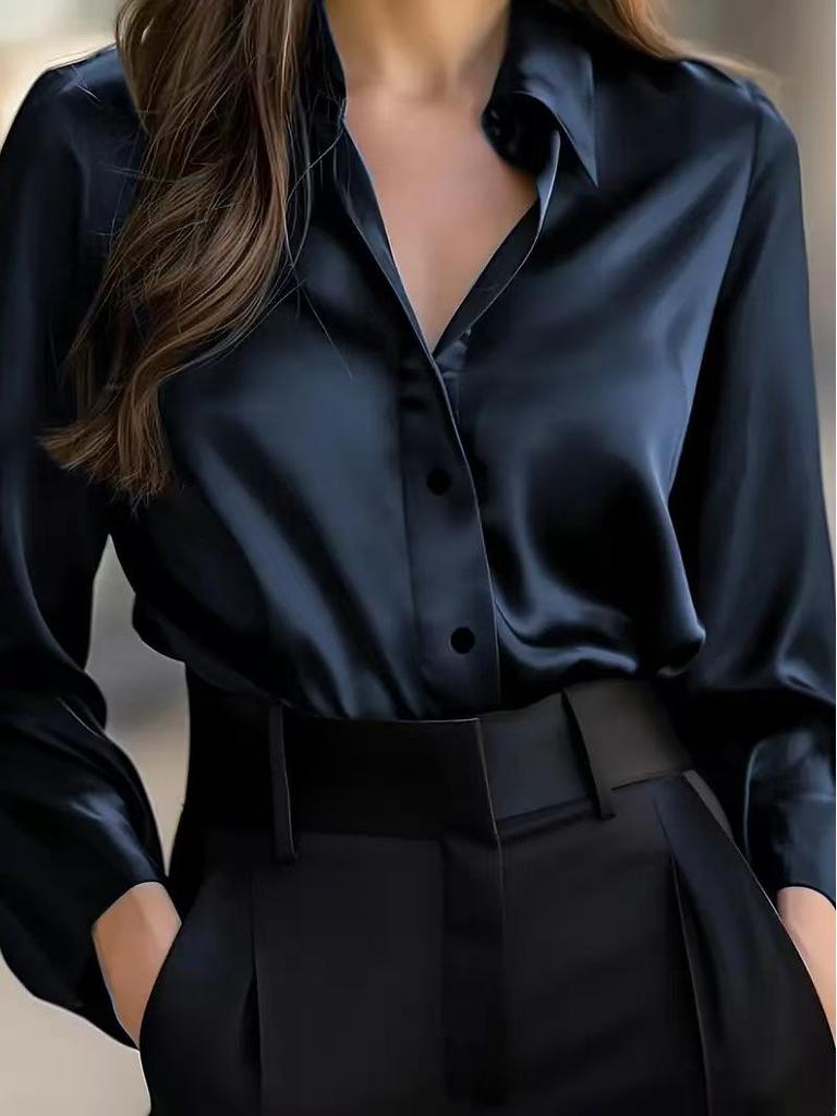 Cross2026 Women's Satin Long Sleeve Shirt - Autumn Fashion, Single Breasted Lapel, Plain Color for a Sophisticated Look