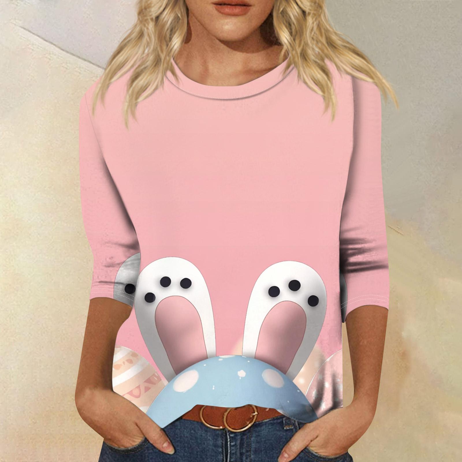 

Women s Fashionable Casual Three-quarter Sleeve Easter Print Round Neck Pullover Top XL білий