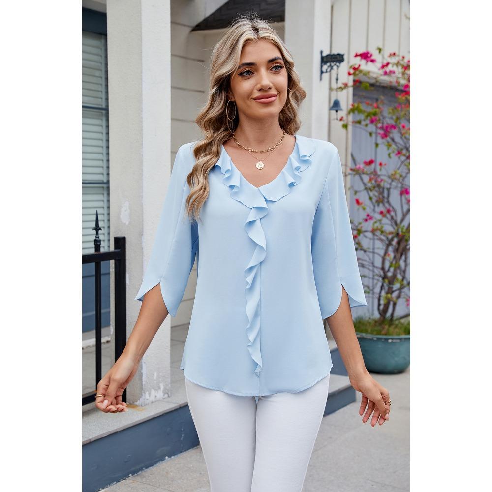 New, Hot-selling, Chiffon Shirt, Medium-sleeved V-neck Pleated Ruffle Edge Loose Women's Top