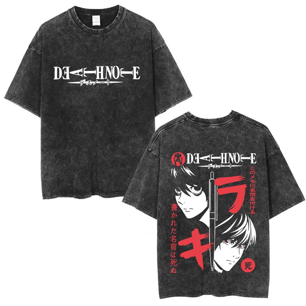 Washed Vintage Anime Death Note L Lawliet & Yagami Light Face Graphic T-shirt Summer Men Women Fashion Cartoon Crewneck T Shirts S разноцветный