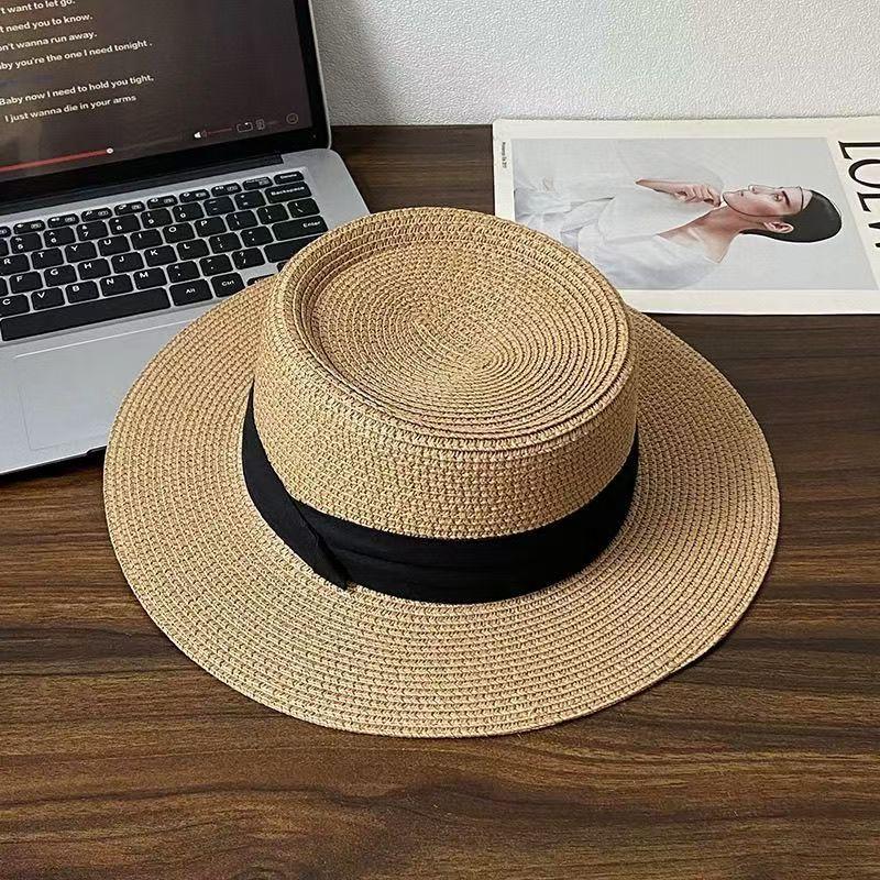 Straw hat seaside beach summer sun hat bow flat top hat sun hat rough edge vacation shade sun protection