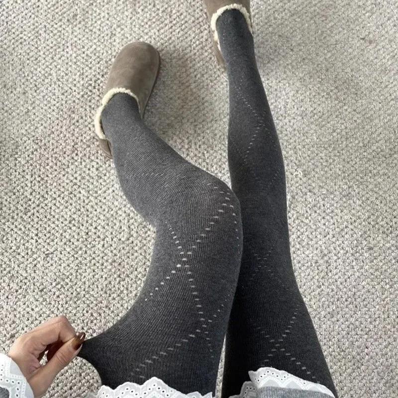 Lolita Rhombus Jacquard Pantyhose Retro Knitted Hollow Design Warm Base Leggings Korean Style Autumn Stockings Tights