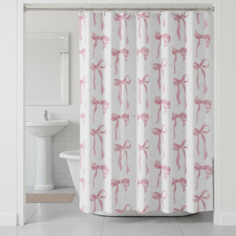 Stylish Bowknot Bath Curtain Water Resistant Fabric Shower Curtain Easy Maintenances Household Hotel Bathroom Use