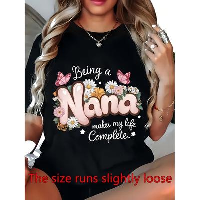 Women's Floral & Butterfly Print T-Shirt  Comfort Fit Round Neck Short Sleeve Blouse for Spring Summer Casual Wear, Machine Washable - Top for Nana