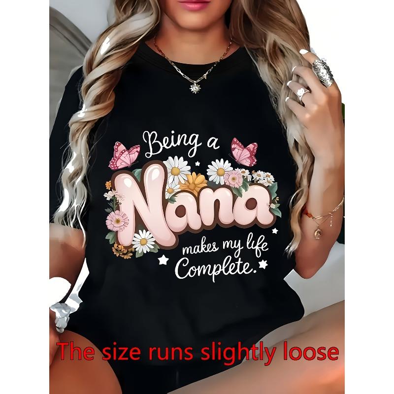 

Women s Floral & Butterfly Print T-Shirt Comfort Fit Round Neck Short Sleeve Blouse for Spring Summer Casual Wear, Machine Washable - Top for Nana 4XL
