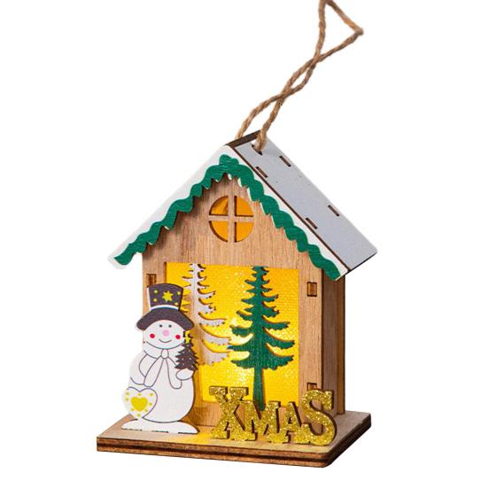 Yousheng Wooden Christmas Decor with LED Light 3D Carved Hanging Wood Star/Village House/Bell/Gift Box Ornament for Xmas Tree Decor