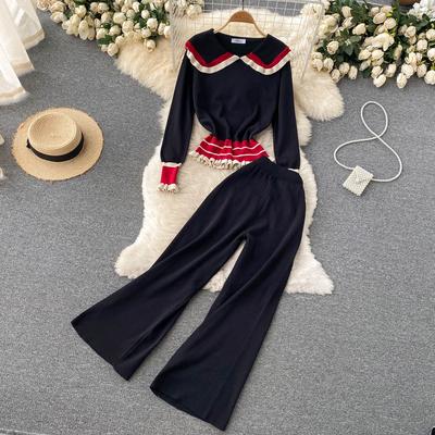 Women New Fashion Doll Collar Retro Chic Sweater Tracksuit Long Sleeve Knitted Pullover Tops Wide Leg Pants Two Piece Sets Outfit