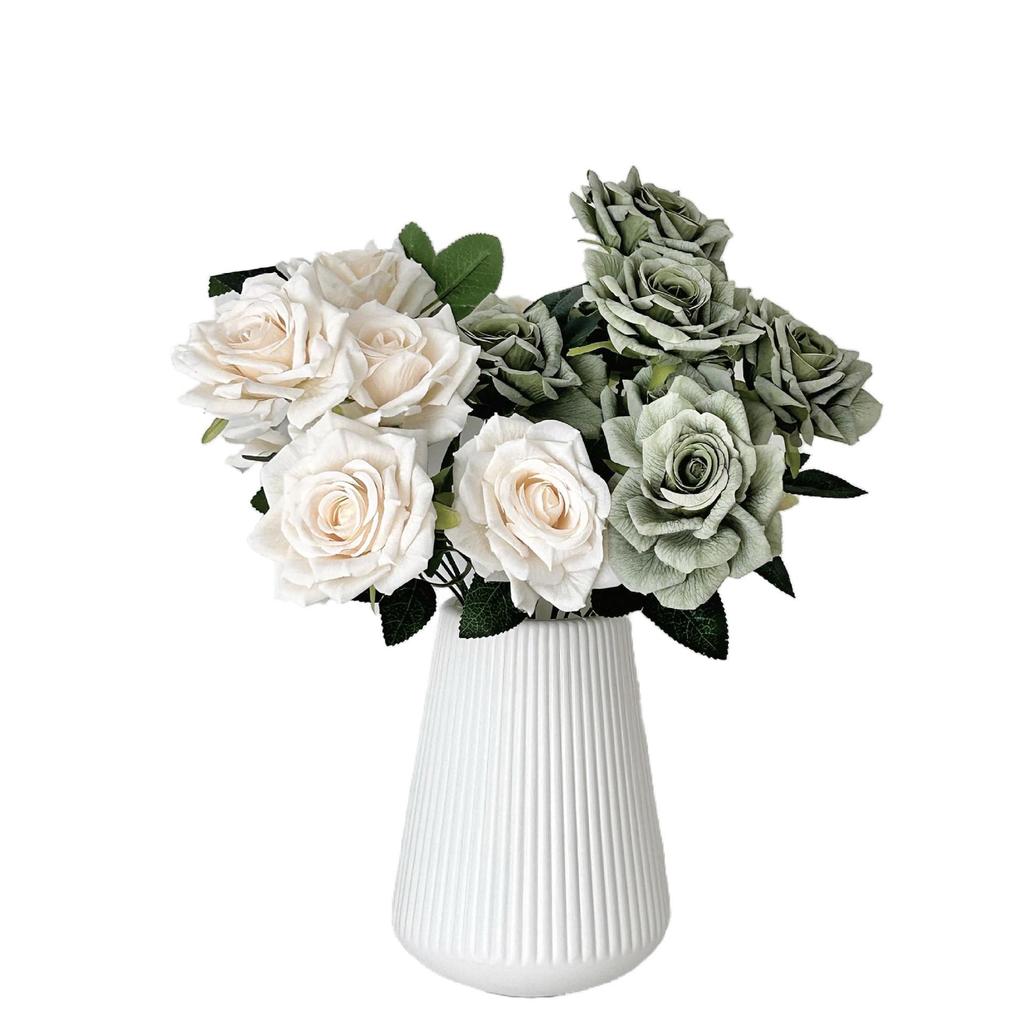 7-Head Ruffled Cappuccino Rose Bouquet - Vintage Artificial Flowers for Home or Wedding Decor