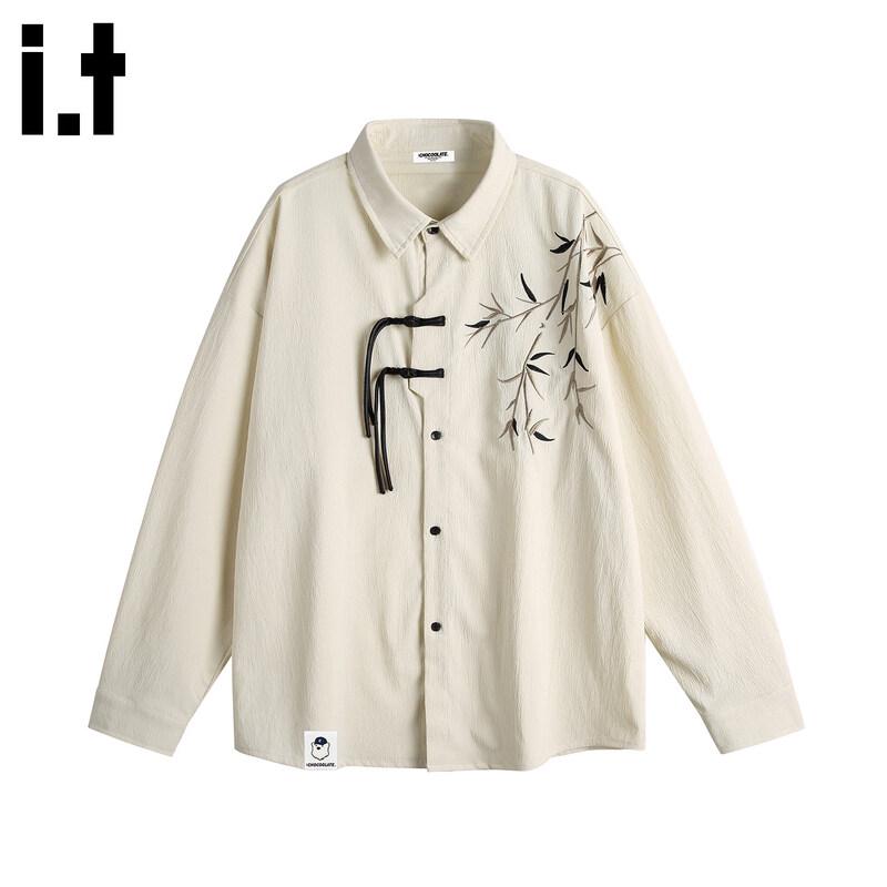 :CHOCOOLATEit Men's New Chinese Style Embroidered Loose Long-Sleeve Shirt Jacket