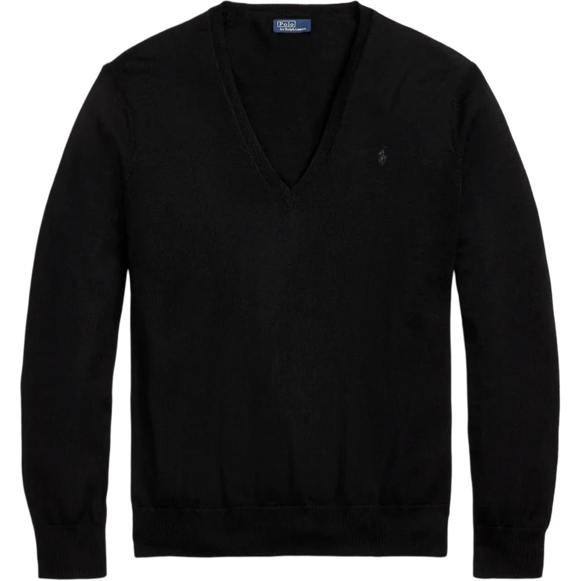 

Polo Ralph Lauren Однотонный свитер с V-образным вырезом, вышивкой пони, свободными длинными рукавами для женщин, черный WMPOSWENC021077-001 L