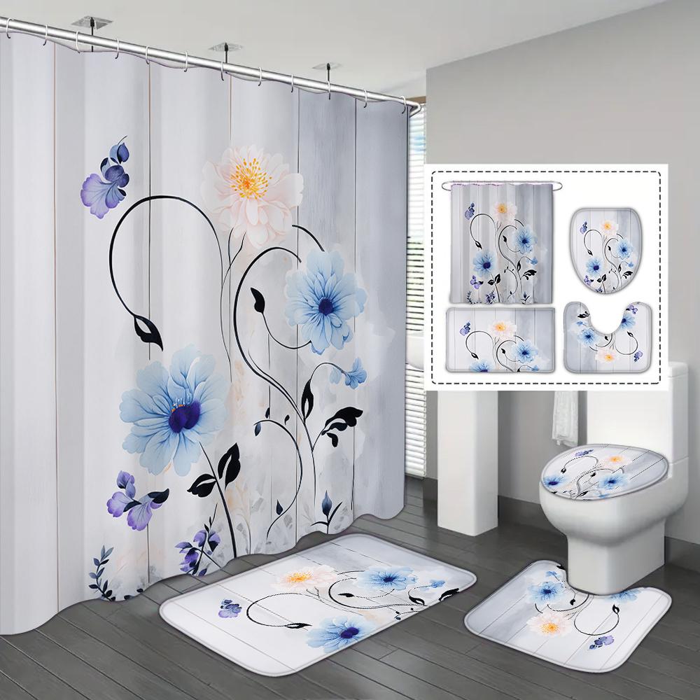 4-piece Set of Blue White Jade Orchid Waterproof Printed Shower Curtains with 12 Hooks, Bathroom Floor Mats