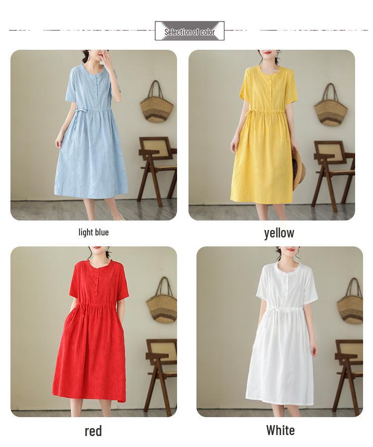 2025 Summer Retro Chinese Style Loose Jacquard Dress - Mid-Length Solid Color Skirt