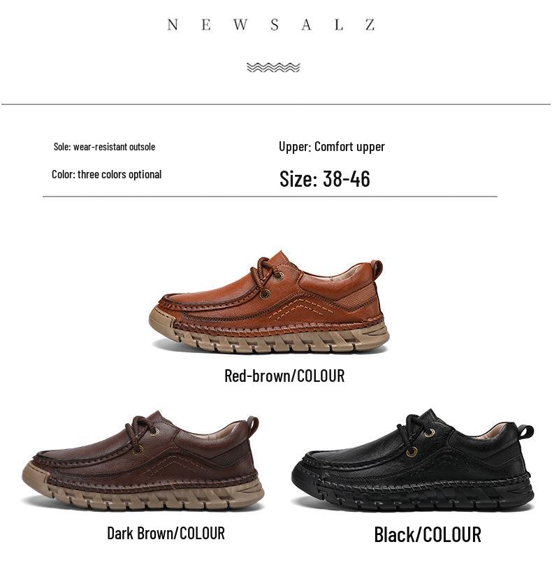 Men's Autumn Hand-Stitched Leather Driving Shoes - Large Size, Low-Top, Lace-Up, Flat Sole