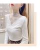 Stylish White Mesh Fleece-Lined High-Neck Lace Shirt for Autumn & Winter, Perfect Under Sweaters.