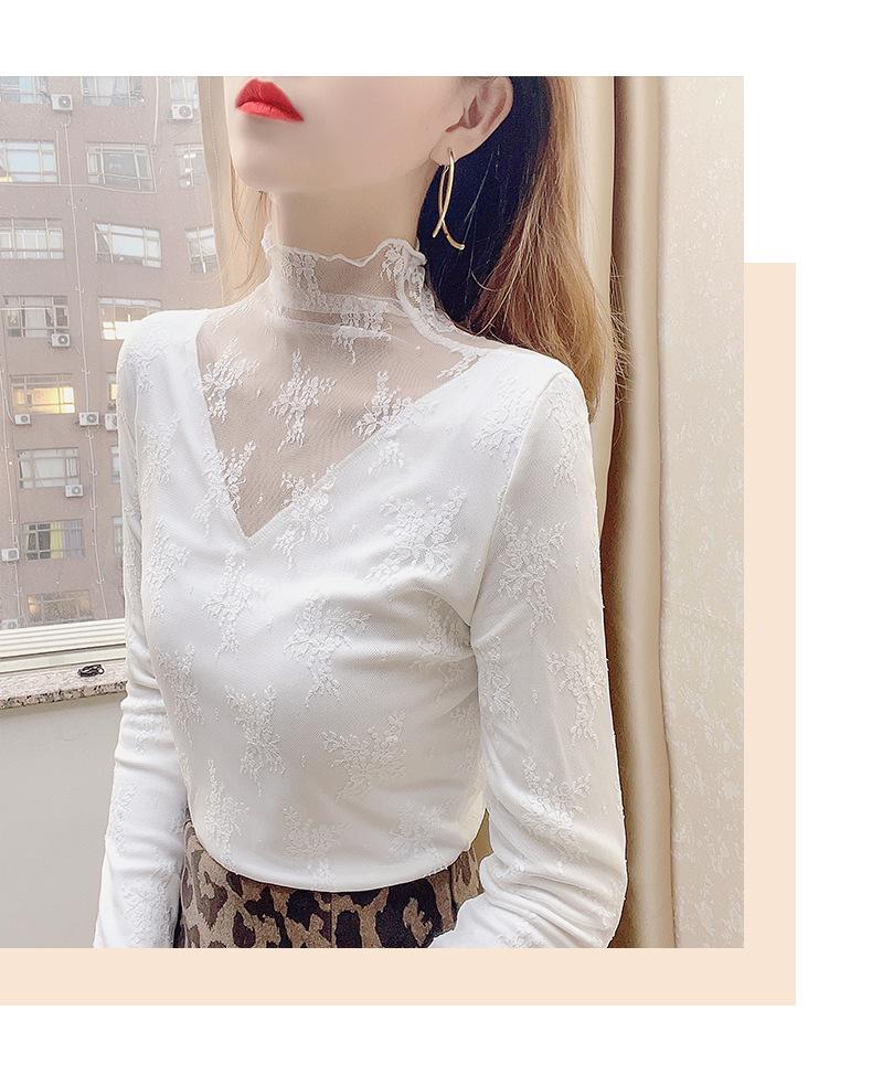Stylish White Mesh Fleece-Lined High-Neck Lace Shirt for Autumn & Winter, Perfect Under Sweaters.