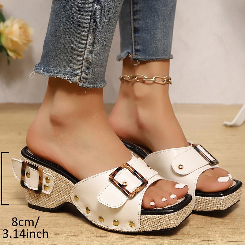 Fashion Office Ladies Buckle Thick Sole Slides Women Rivet Decor Square Toe Slippers Woman Patchwork Non Slip Pu Leather Slides Mujer