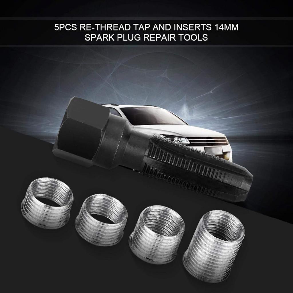 Spark Plug Thread Repair Kit, Akozon 5Pcs Carbon Steel Spark Plug Re-thread Tap Tools with Inserts for 14mm Sparking Plugs Repair