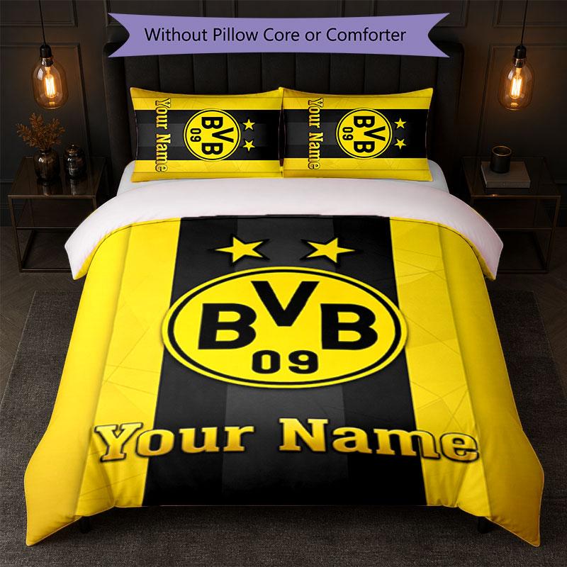 Borussia Dortmund Custom Name Text Bedding Set 1 Duvet Cover+2 Pillowcases Soccer Logo Personalized Gift For Special Occasion Bedroom Decor
