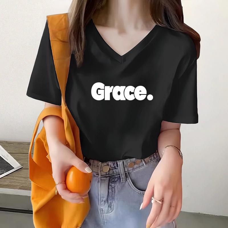 

White Print Women s Loose Cotton T-Shirt - Summer 2025 Trendy Short Sleeve Top Large