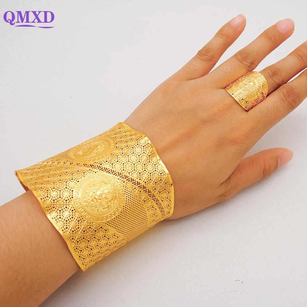 Dubai Gold Color Bangle With Ring For Women Charm Chain Cuff Bracelet Indian Bracelet Arabic France Bridal Wedding Jewelry Gifts