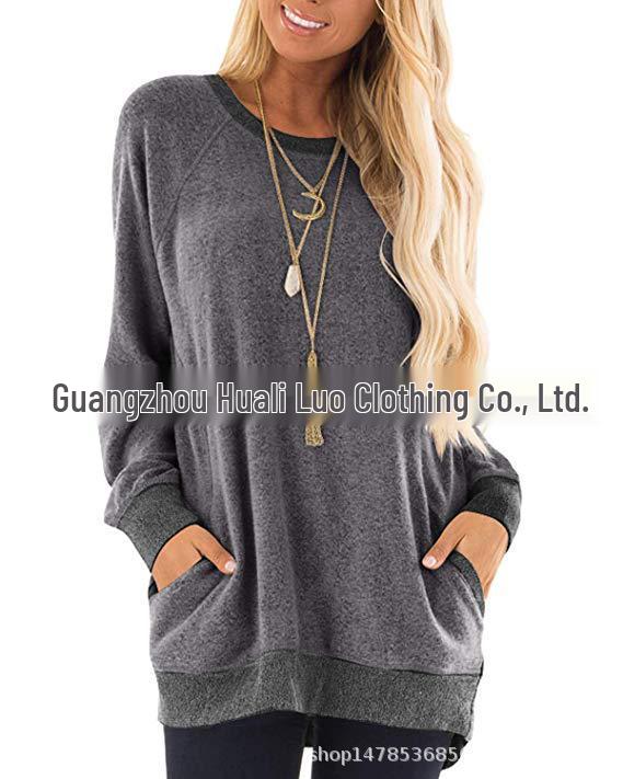 Sweatshirt à col rond bloc de couleur avec poche pour femme - Manches longues T-shirt décontracté