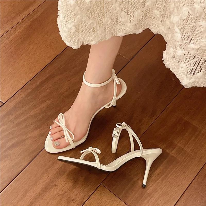 Fashion Bow Women Heeled Sandals Naked High Heels Shoes Woman Slingback 2025 Trend Summer Dress Square Toe Pumps Shallow Sandalias Mujer
