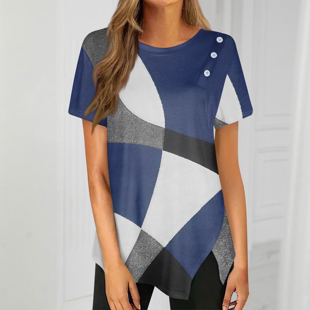 T-skjorte med knappedetalj og kurvet kant, korte ermer, rund hals, avslappet topp, dameklær