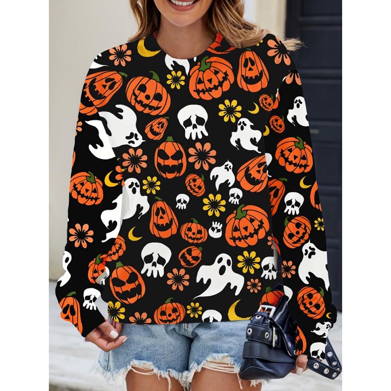 Womens Casual Hoodie With 3D Halloween Print Round Neck Lightweight Breathable Fabric