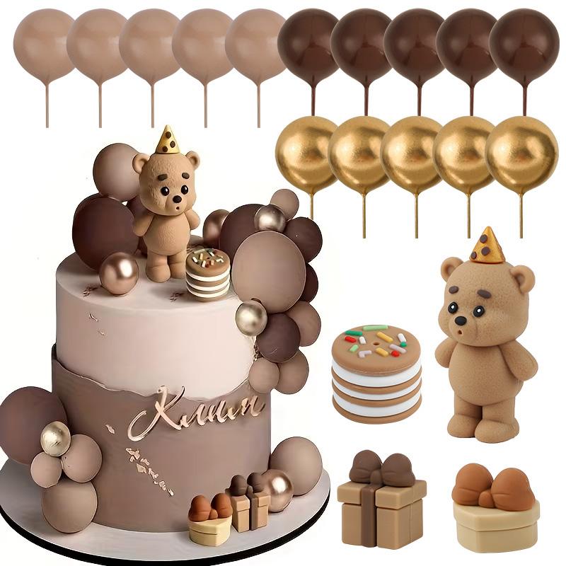 

19Pcs Cute Brown Bear Cake Balls Topper Kit Kids Boy Girl 1st Birthday Party Decoration Baby Shower Cake Decor Supplies