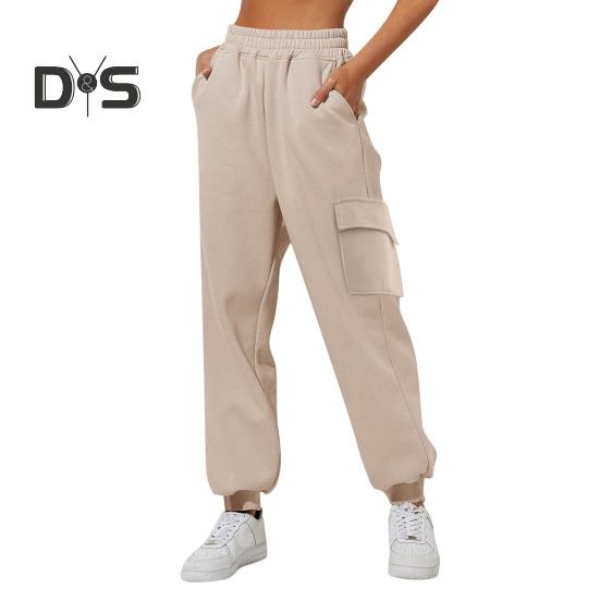 Women Cargo Pants Elastic Waist Solid Color Loose Ankle Length Multi Pockets Casual Soft Breathable Lady Sports Long Trousers