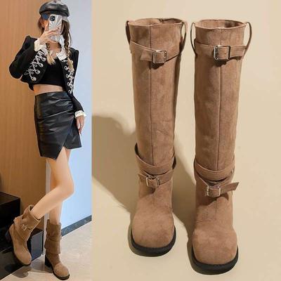 Popular Long Boots Women's Fashion Retro Small Looking Thin Thick Heel Platform Western Boots 2025 Autumn New