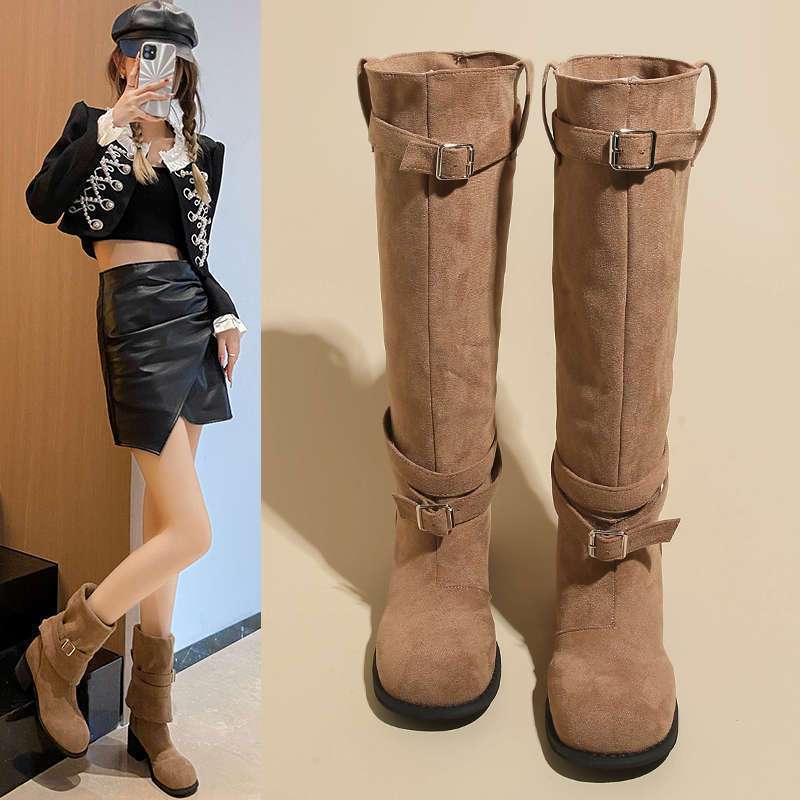 Popular long boots women's fashion retro small looking thin thick heel platform western boots 2025 autumn new