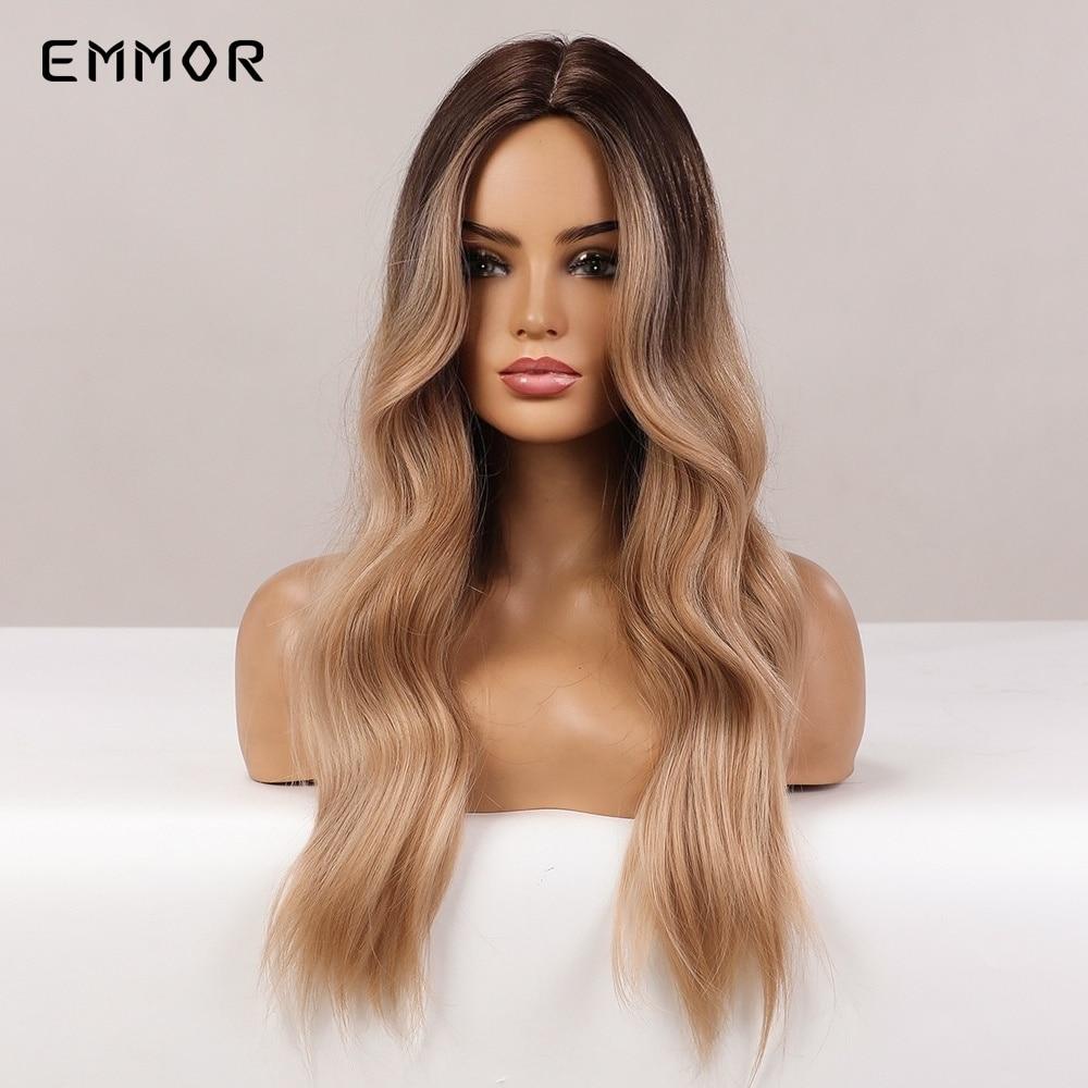 Synthetische Perücken im Ombre-Stil, braun bis blond, mittlerer Teil, gewelltes, hitzebeständiges Haar, Cosplay-Perücke für den täglichen Gebrauch für Frauen