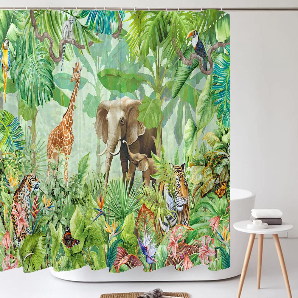 Tropical Plants and Animals Print Shower Curtain Waterproof Shower Curtain Bathroom Partition Curtain Bathroom Decor Accessories