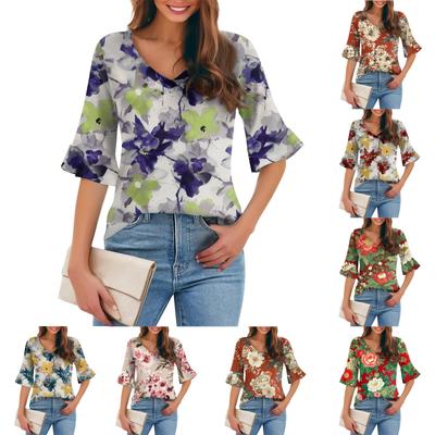 Women's Casual Fashion V-neck Pullover Loose Commuting Floral Five-point Sleeve T-shirt Top