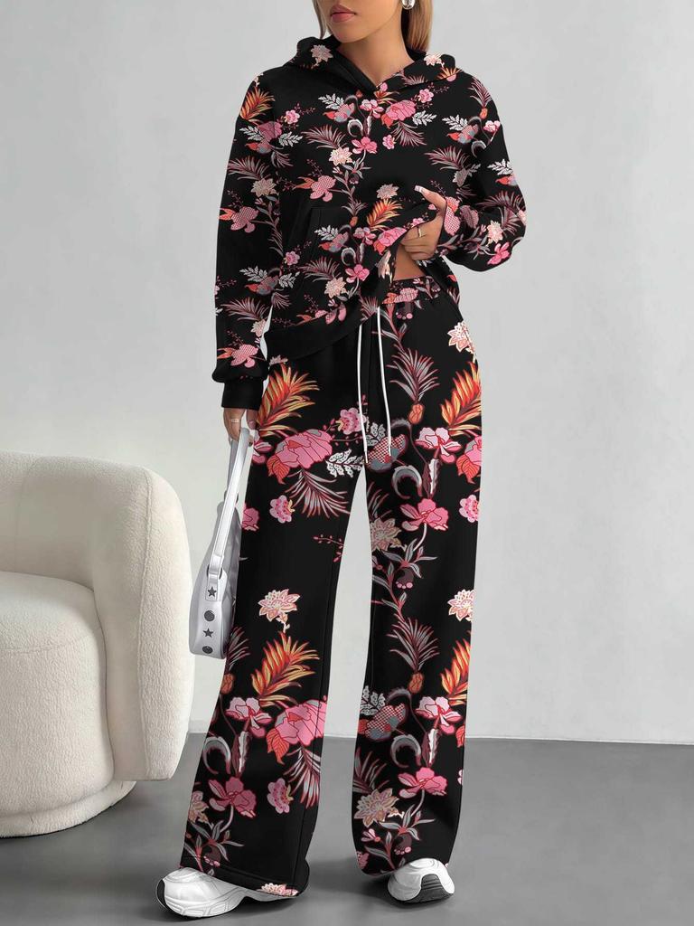 European And American Autumn And Winter Casual Long-Sleeved Suit Women'S Hooded Sweater Trousers Two-Piece Set Retro Elements
