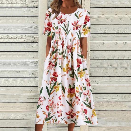 Dámské letní šaty s krátkým rukávem Ležérní květinový potisk Midi šaty s kulatým výstřihem a kapsami Splývavé plážové letní šaty do A