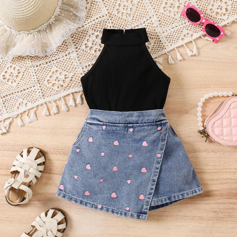 Mädchen Mode Set 2025 Sommer Kinder Freizeit Einfarbig Ärmelloses Top Denim Herz-bedruckte Shorts 2-teiliges Set