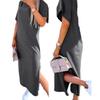 2024 Summer Women's Solid Color Short Sleeve Round Neck Slit Hem Dress