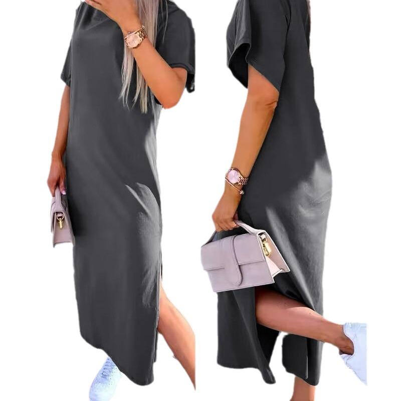 2024 Summer Women's Solid Color Short Sleeve Round Neck Slit Hem Dress